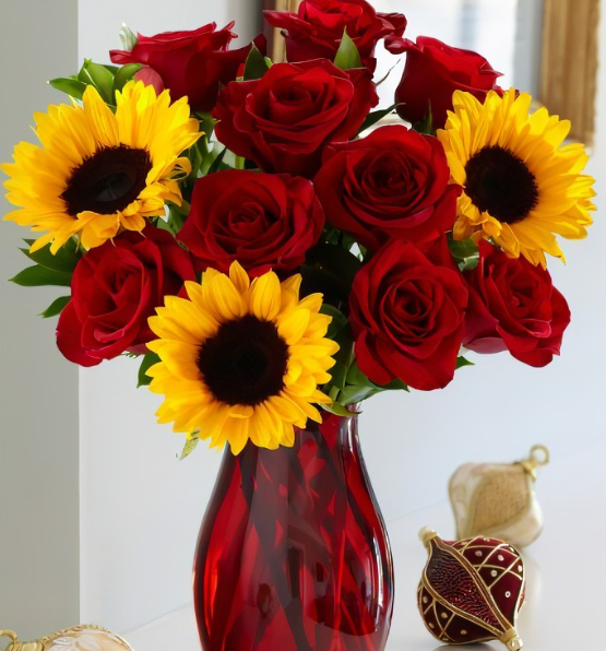Red Roses and Sunflowers